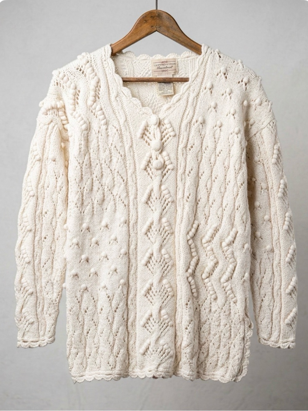 Handknit Womens Cream Cable Sweater Open Knit Textured Heavy Weight Medium